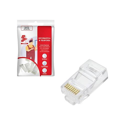Conector de Rede RJ45, Macho, Kit com 5 Peças, Cat5e/Cat6, Transparente