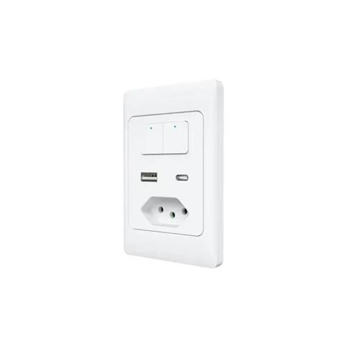 Interruptor Inteligente AGL KS824, Wifi, 2 Teclas, ABS, Com Tomada, USB A, USB Tipo C, 10A, Branco
