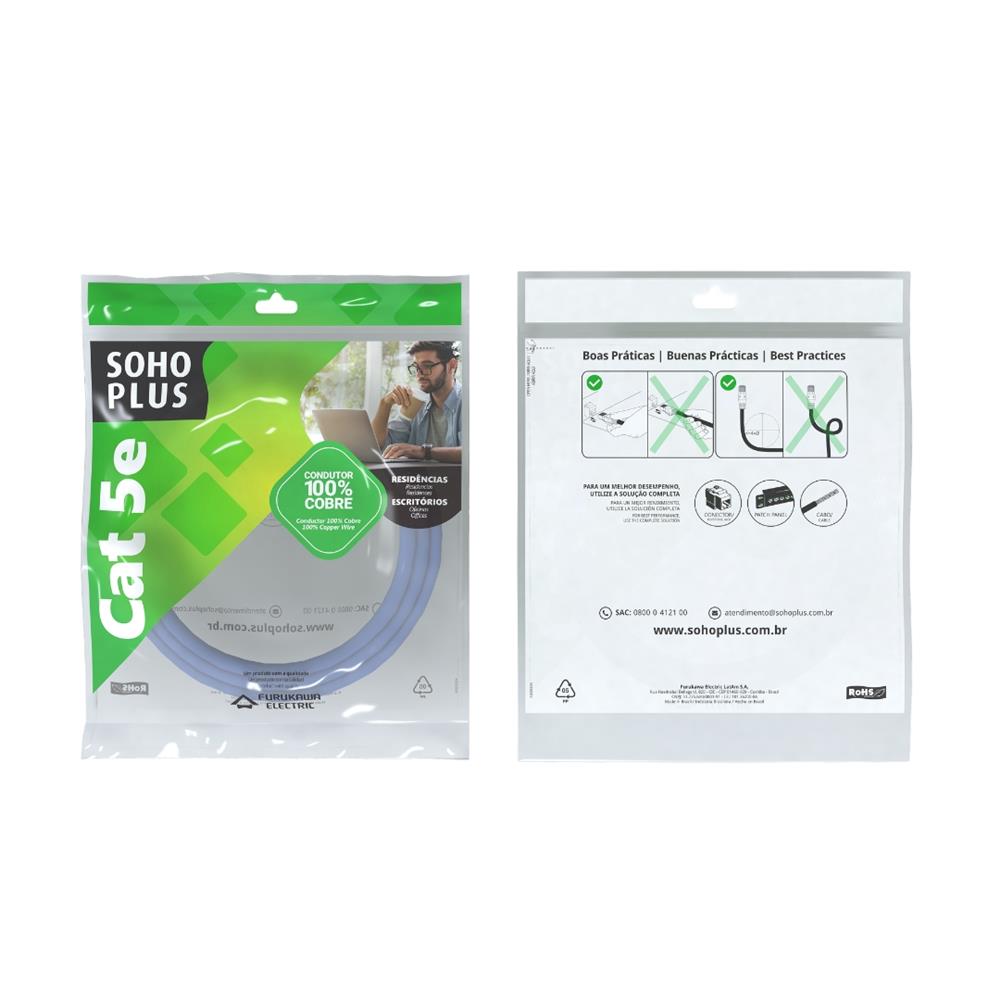 Cabo Patch Cord Cat5e Sohoplus T568A/B 2.5m Azul