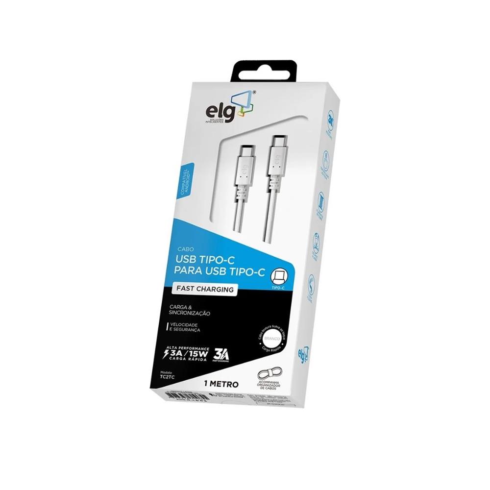 Cabo ELG USB-C para USB-C, Reversível, Recarga e Sincronização, 1 Metro, Branco, TC2TC