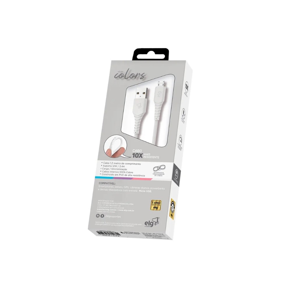 Cabo Micro USB ELG, 1.2m, PVC emborrachado, sincronização e recarga, Branco, M512W