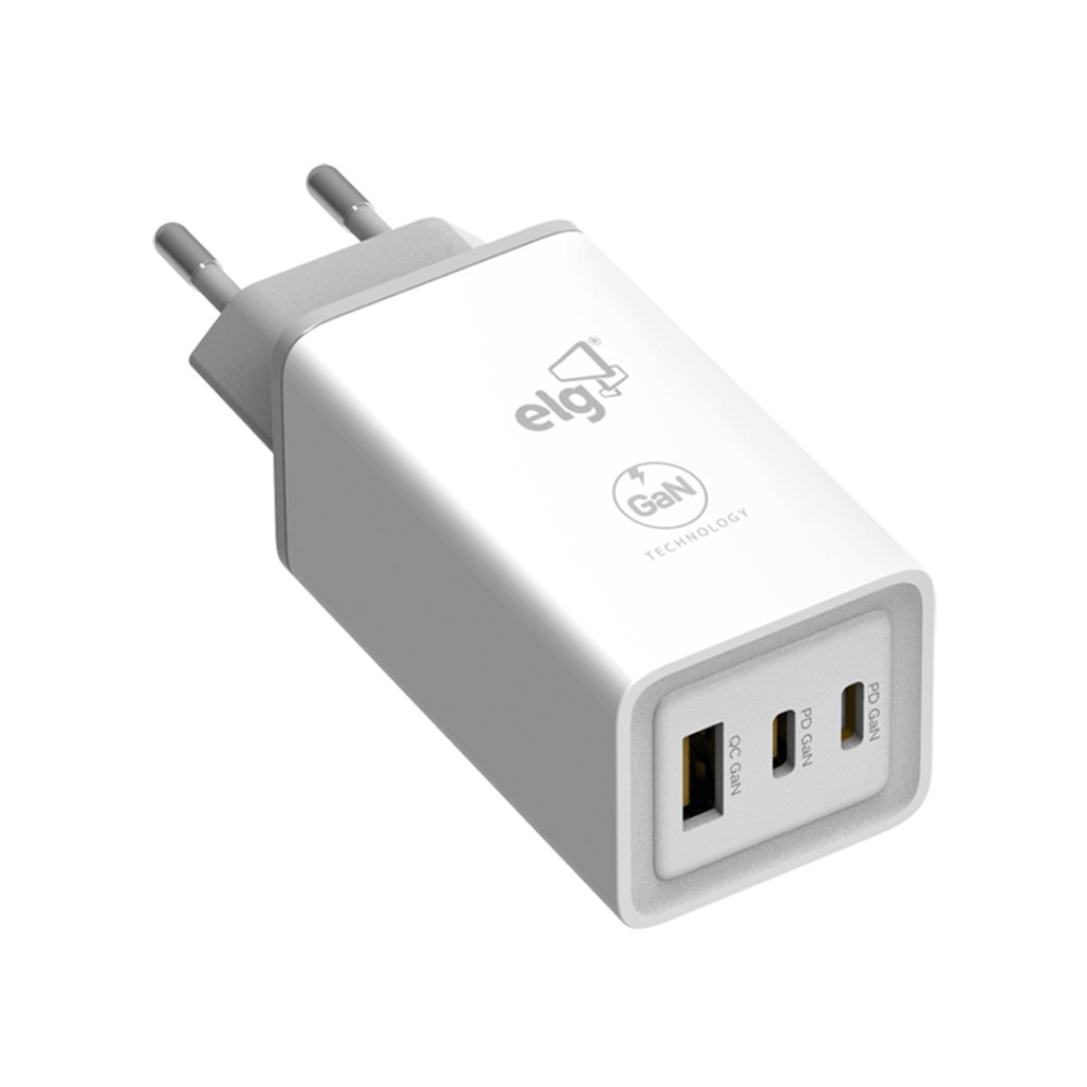 Carregador de Parede USB-C e USB-A, ELG W65GaN, 65W, Tecnologia GaN, 2 USB-C, 1 USB-A, Quick Charge, Bivolt