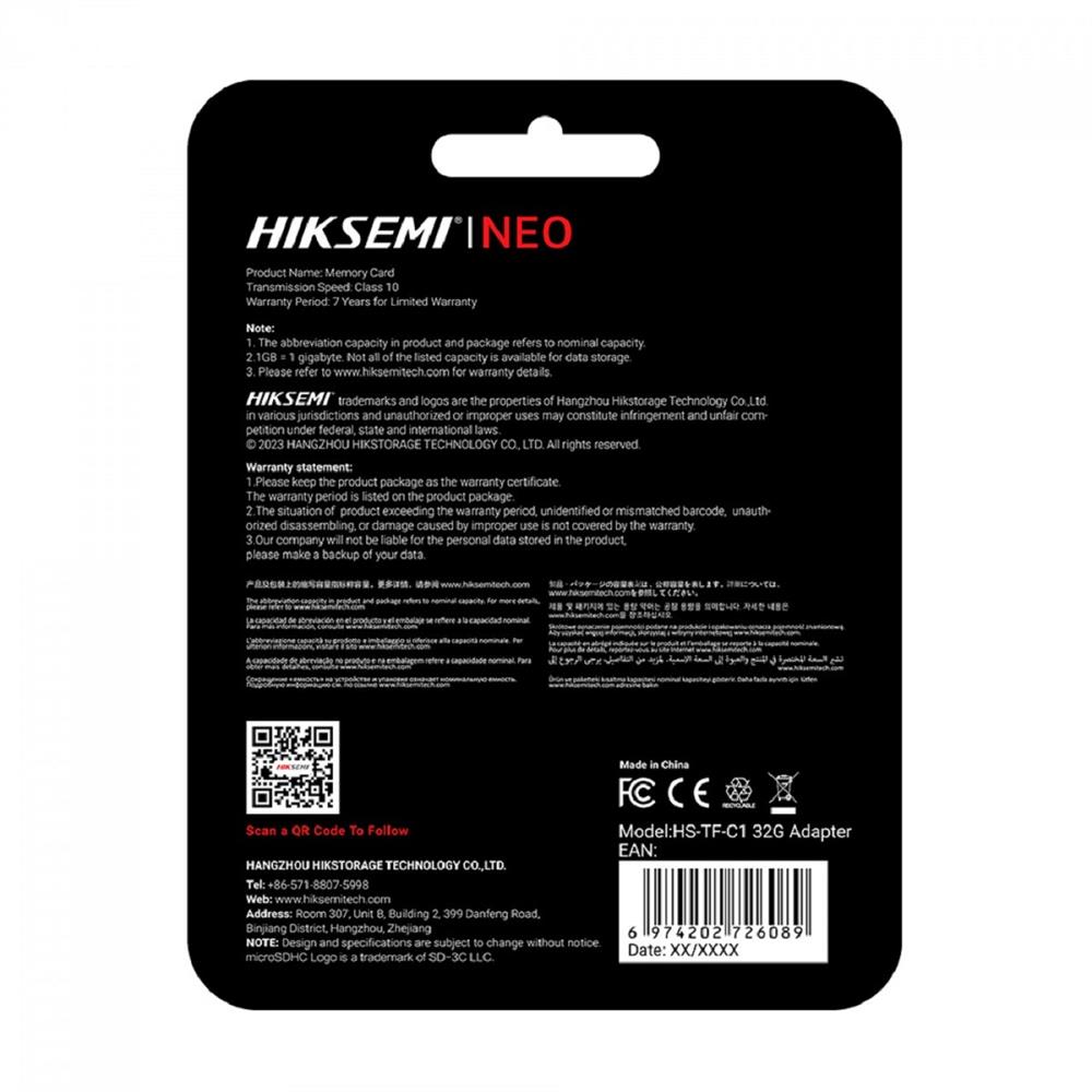 Cartão de Memória Micro SD Hiksemi NEO, 32GB, Com Adaptador, HS-TF-C1 32G ADAPTER