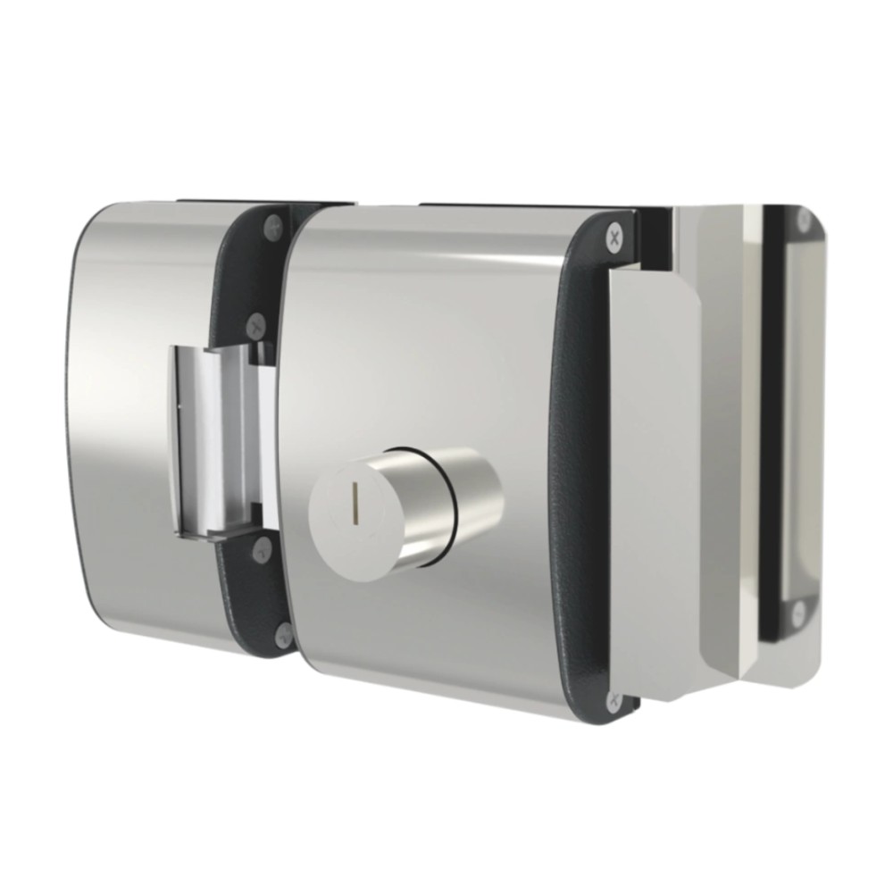 Fechadura Elétrica para Porta de Vidro AGL, 2 Cilindros, 12V DC, Vidro com Rasgo 1 Folha, Prata, PV200R1I