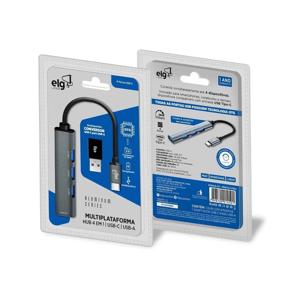 Hub USB ELG HUB41A-V2, 4 Portas USB-A, Entrada Tipo-C, 5 Gbps, Cinza