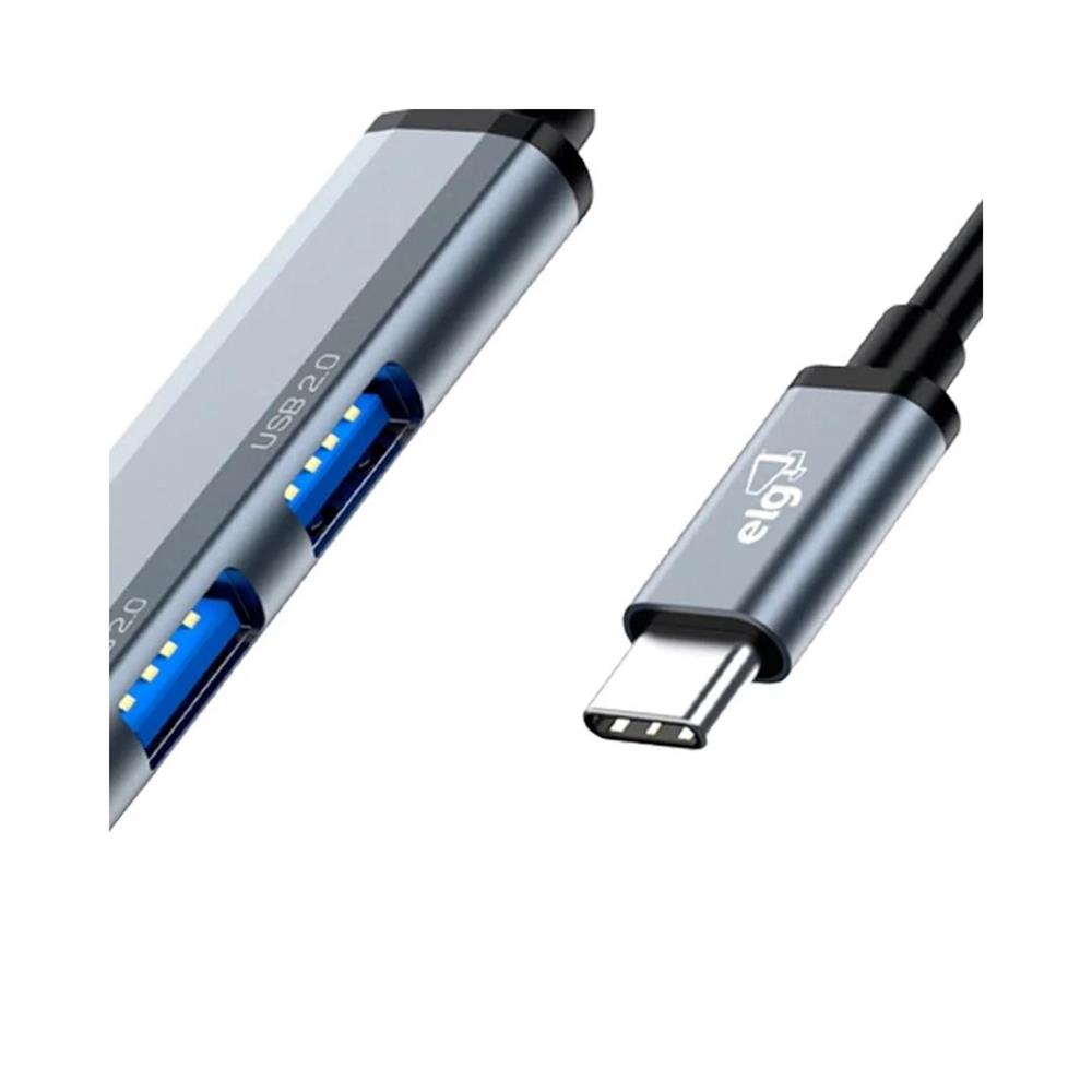 Hub USB ELG HUB41A-V2, 4 Portas USB-A, Entrada Tipo-C, 5 Gbps, Cinza
