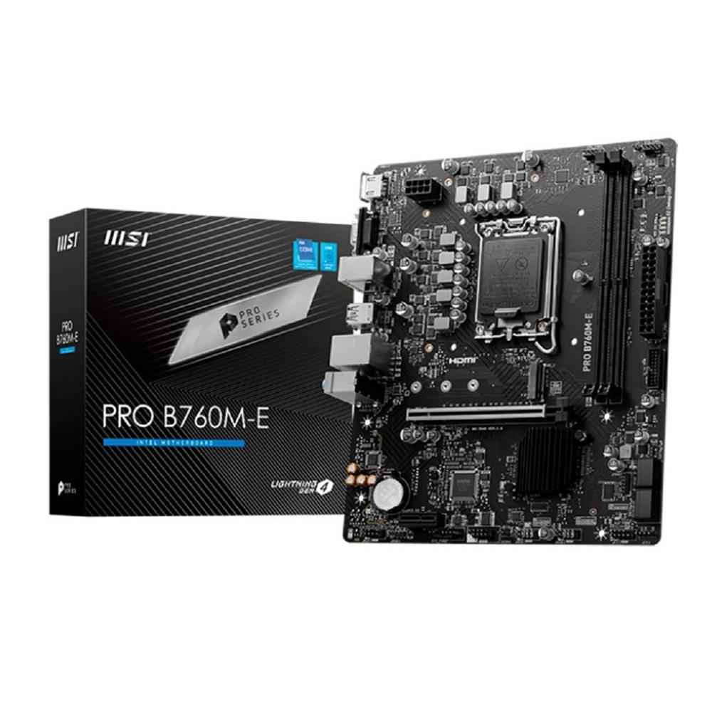 Placa Mãe MSI PRO B760M-E, Chipset B760, LGA1700, mATX, DDR4 OC 5333MHz, M.2 PCIe 4.0, HDMI/DP, Suporte Intel Core 12/13/14