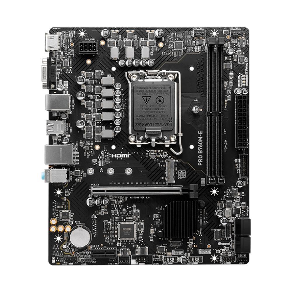 Placa Mãe MSI PRO B760M-E, Chipset B760, LGA1700, mATX, DDR4 OC 5333MHz, M.2 PCIe 4.0, HDMI/DP, Suporte Intel Core 12/13/14