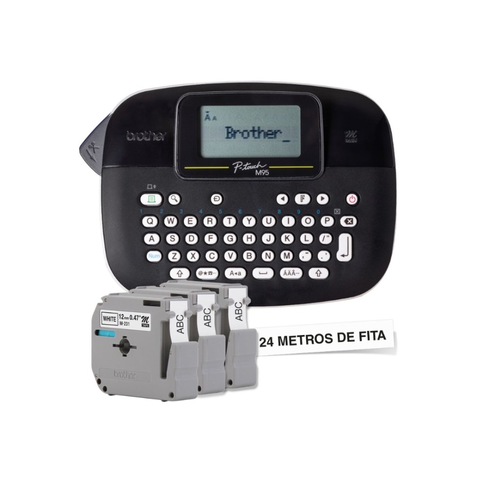 Rotulador Eletrônico Portátil Brother, PT-M95BKBP, Impressão por Transferência Térmica, Etiquetas de Até 12 mm, Display LCD, Preto