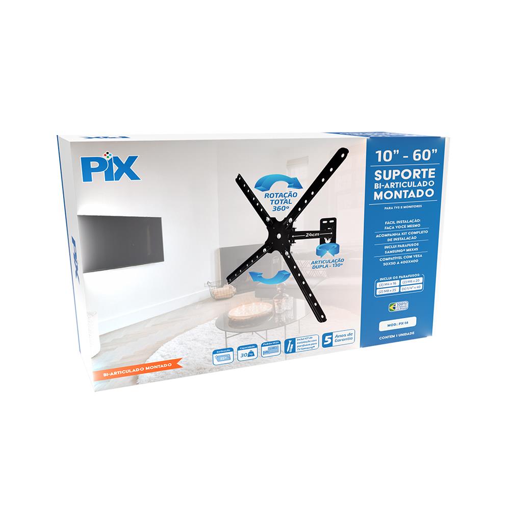 Suporte Para TV PIX Bi-Articulado, 10" a 60", Montado, Preto