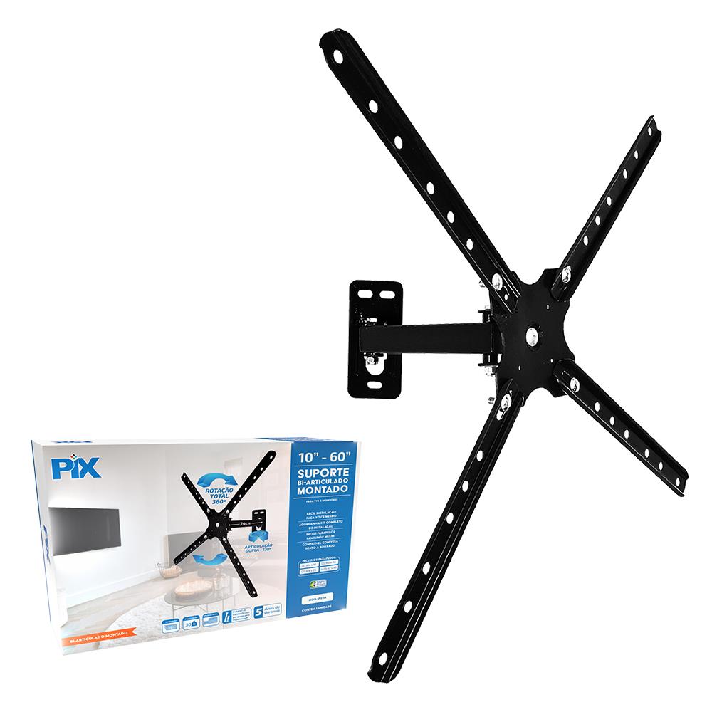 Suporte Para TV PIX Bi-Articulado, 10" a 60", Montado, Preto