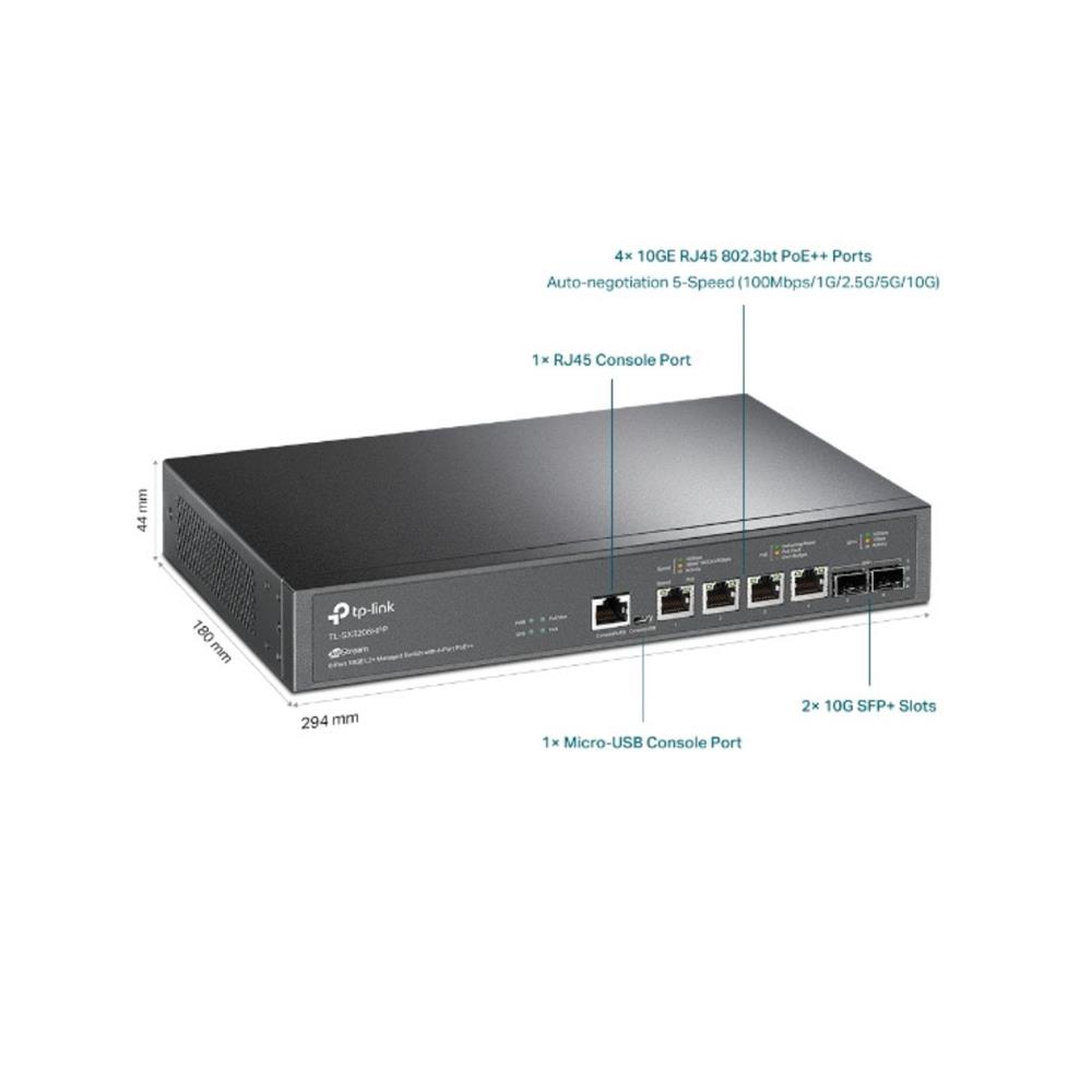 Switch TP-Link SX3206HPP, 4 portas 10G PoE++, 2 portas SFP+ 10G, gerenciável, Preto